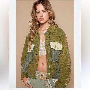 POL distressed puff sleeve zip up